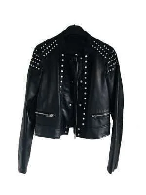 Black Studded Cafe Racer Leather Jacket