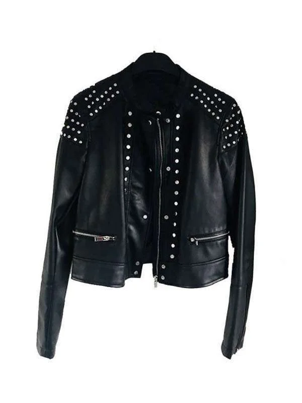 Black Studded Cafe Racer Leather Jacket