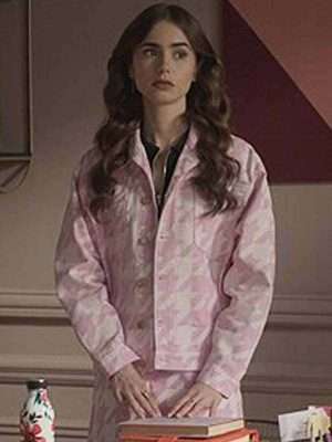Emily In Paris Lily Collins Pink Houndstooth Jacket