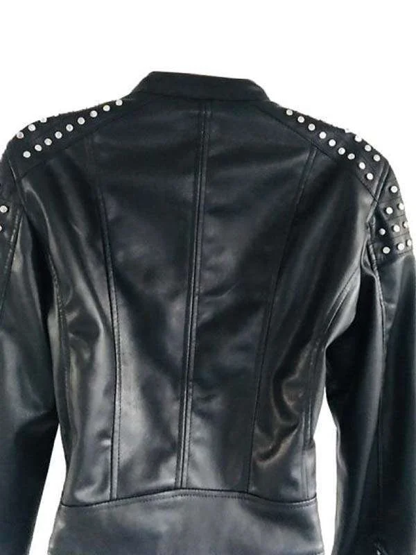 Black Studded Cafe Racer Leather Jacket - Image 2