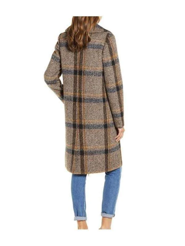 Double Breasted Plaid Tweed Brown Coat - Image 2