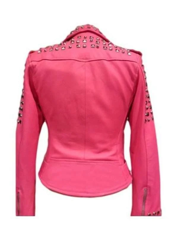 Golden Studded Pink Leather Biker Jacket - Image 2