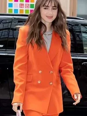 Lily Collins Windfall Orange Suit
