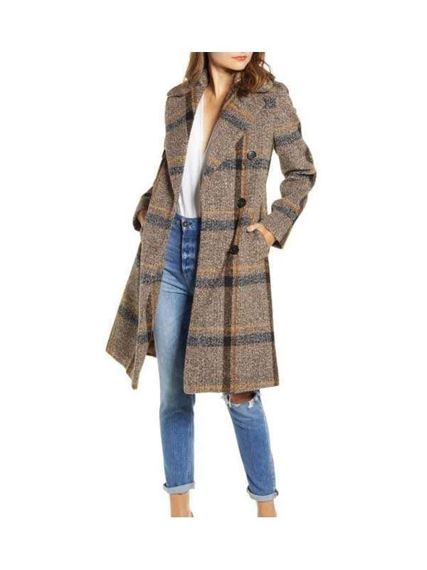Double Breasted Plaid Tweed Brown Coat - Image 3