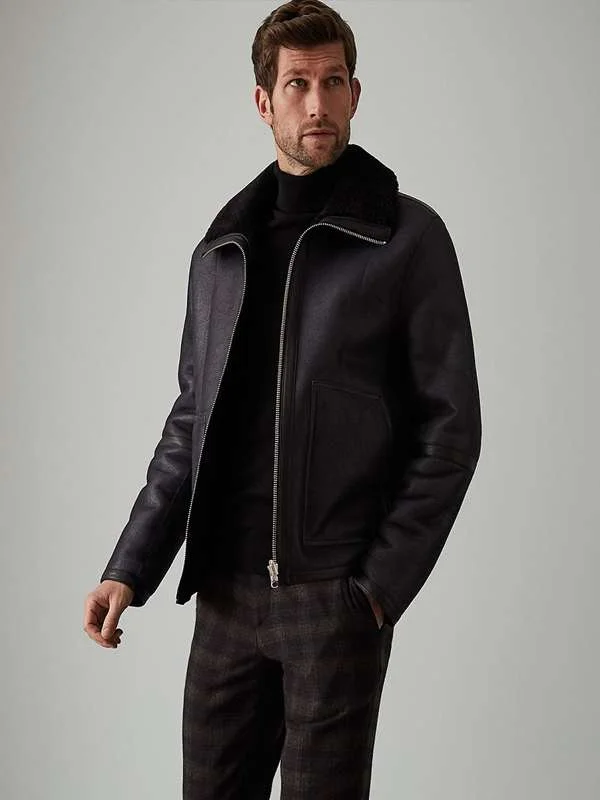 Men Black Aviator Leather Jacket - Image 4