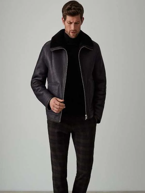Men Black Aviator Leather Jacket - Image 3