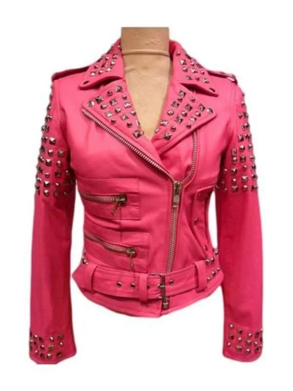 Golden Studded Pink Leather Biker Jacket