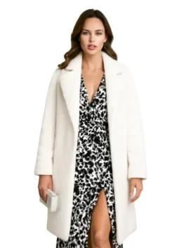 Women’s long faux fur shearling coat featuring a sophisticated lapel collar and open-front design.
