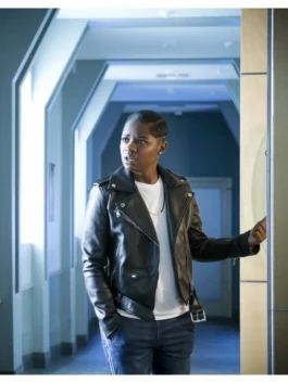 Women's black biker jacket with a notched lapel and shoulder epaulets designed for a modern, edgy fashion statement.