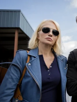 Janine Cody from Animal Kingdom wearing a premium sheepskin leather biker jacket with silver hardware and a classic asymmetrical zip.