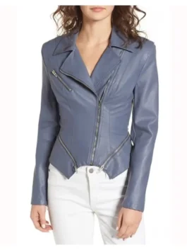 Trendy leather biker jacket with a unique peplum-style hemline and stylish lapel collar for daily wear.