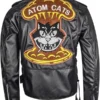 Premium genuine leather biker jacket with a notched lapel, asymmetrical zipper, and high-quality Atom Cats faction embroidery for Fallout fans.