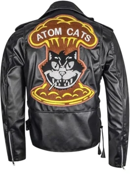 Premium genuine leather biker jacket with a notched lapel, asymmetrical zipper, and high-quality Atom Cats faction embroidery for Fallout fans.