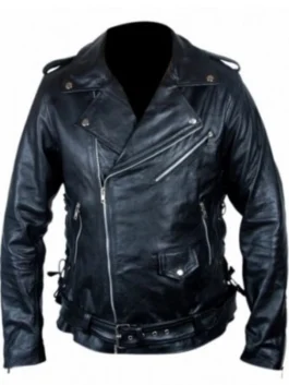 Fallout 4 Atom Cats leather jacket featuring the iconic embroidered power armor cat logo on the back and authentic greaser-style silver studs.