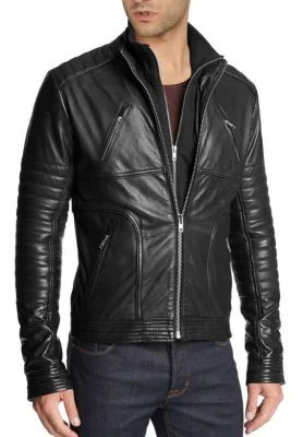 Men's Motorcycle Biker Black Leather Jacket Black