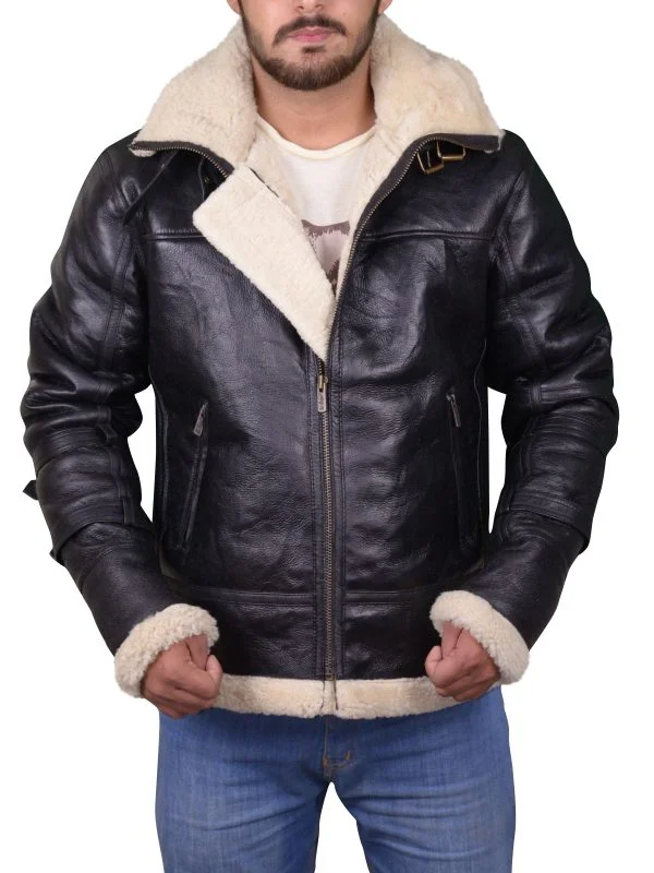 Mens B3 Bomber Aviator Black Hooded Jacket - Image 3