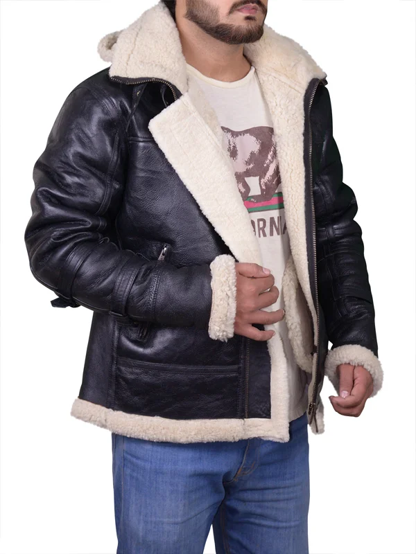 Mens B3 Bomber Aviator Black Hooded Jacket - Image 4