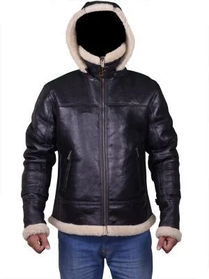 Mens B3 Bomber Aviator Black Hooded Jacket