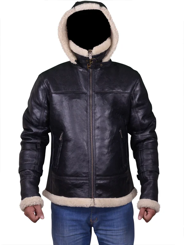 Mens B3 Bomber Aviator Black Hooded Jacket