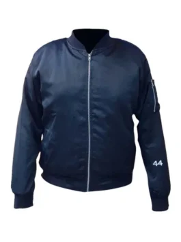 Black satin bomber jacket men with rib knit collar cuffs and hem. This zip up bomber jacket features the number '44' on the sleeve, representing the Obama jacket style.
