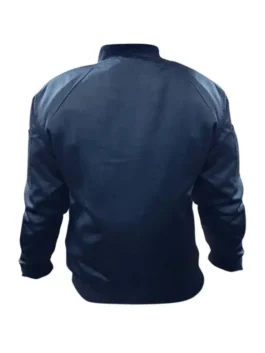 Back view of the black bomber jacket men, a lightweight bomber jacket with a cuffed waist and sleeve pocket. A popular casual streetwear bomber and minimalist bomber jacket.