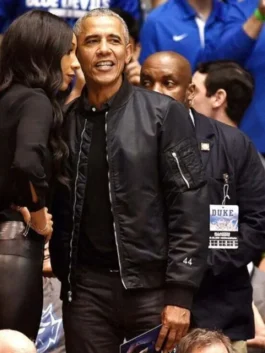 Barack Obama bomber jacket style, a sleek black satin jacket men with a silver zipper and '44' detail. It's a great example of modern mens outerwear and everyday layering jacket.