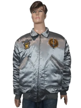 Battletech Mechwarrior Flight Bomber Jacket, silver satin, front view on a mannequin with multiple logo patches.