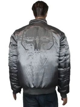 Battletech Mechwarrior aviator jacket, silver satin, back view on a mannequin showing a large, embossed logo.