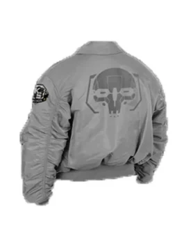 Battletech Mechwarrior flight jacket, grey nylon bomber style, back view showing large, embossed Mechwarrior logo.