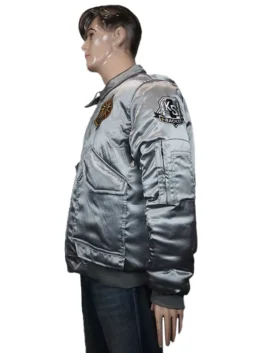 Battletech Mechwarrior gaming bomber jacket, silver satin, right side view on a mannequin with shoulder patches.