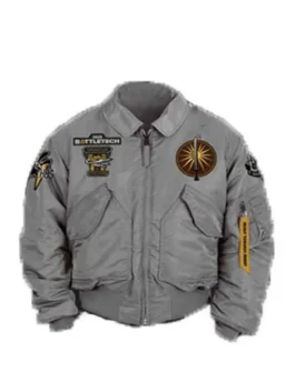Battletech Mechwarrior padded bomber jacket, grey pilot jacket style, front view with various Battletech patches and zipper tag.