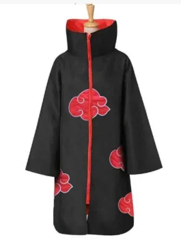 Black Itachi Uchiha Naruto Akatsuki Cloak with zipper. Authentic Akatsuki uniform and anime cosplay jacket featuring the iconic red clouds.
