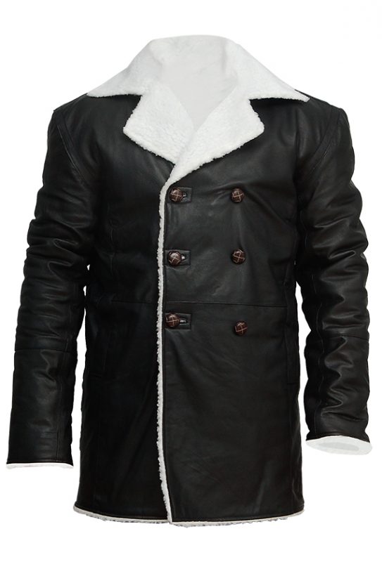 Mens Black Leather Long Shearling Coat with Fur Collar