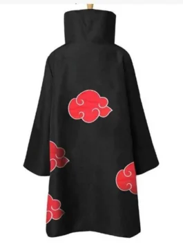 Black Uniform Itachi Uchiha Naruto Akatsuki Robe back view. Detailed Akatsuki costume and cosplay trench coat with high collar and red cloud design.