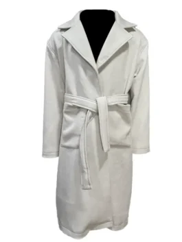 This Charity Jones Christmas Unwrapped wool coat in off-white features a stylish wrap design, notched lapels, and a matching belt for a festive look.