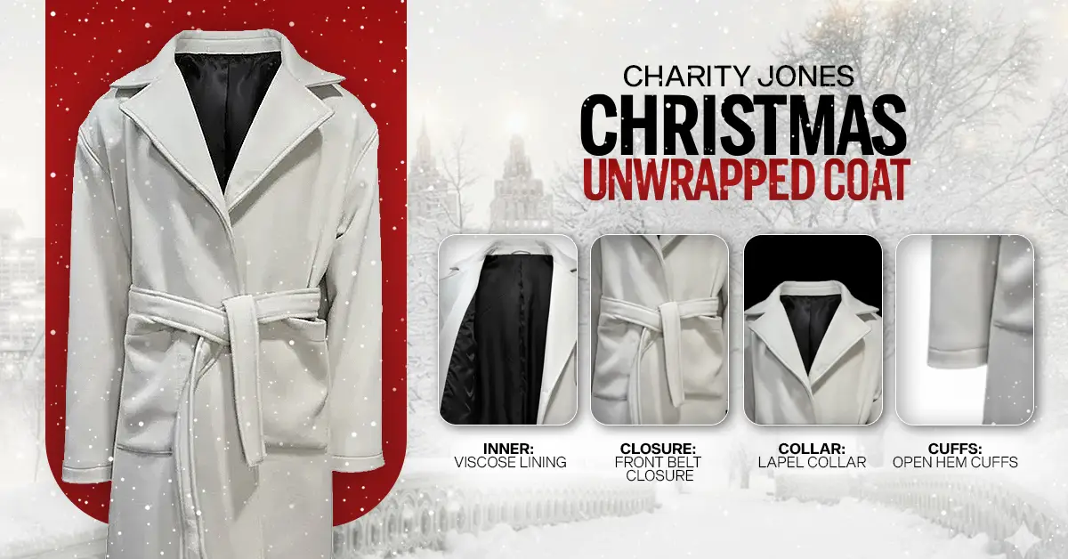 Charity Jones Christmas Unwrapped Coat designed with open hem cuffs and a belted waist, perfect for a festive and premium winter outerwear look.