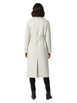 The back view of the Charity Jones coat for Christmas displays a clean silhouette, a centered back vent, and high-quality wool fabric for winter.