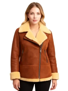 Women Classic Brown Shearling Leather Jacket