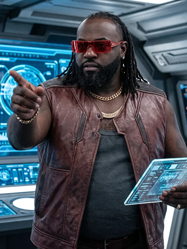 Vibrant red real leather Cyberpunk 2077 Dexter DeShawn Vest featuring a casual open style front design.