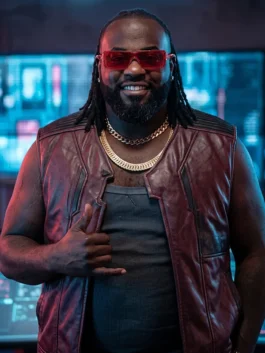 Front view of the Cyberpunk 2077 Dexter DeShawn Vest highlighting the round neck collar and soft inner lining.