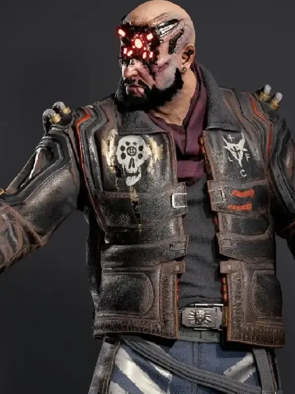 Heavy-duty brown real leather Cyberpunk 2077 Simon Randall Jacket with full sleeves and a structured look.