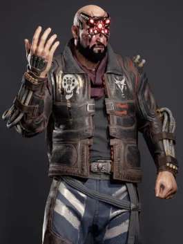 Front view of the Cyberpunk 2077 Simon Randall Jacket highlighting the unique buckle style closure.