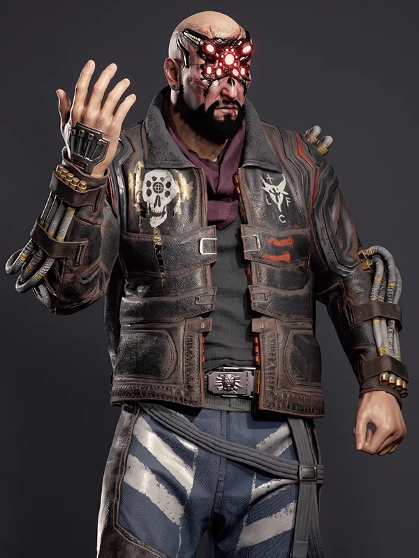 Front view of the Cyberpunk 2077 Simon Randall Jacket highlighting the unique buckle style closure.
