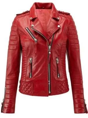 Women's Boda Style Red Quilted Biker Leather Jacket