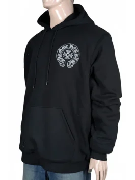 black pullover hoodie showcasing the left chest white graphic emblem and matching drawstring cords.