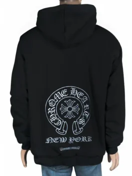 Back view of a black pullover hoodie on a mannequin highlighting a large white circular horseshoe logo and text across the lower back.