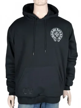 Front view of a premium black pullover hoodie on a mannequin featuring a white horseshoe logo graphic on the left chest and a large kangaroo pocket.
