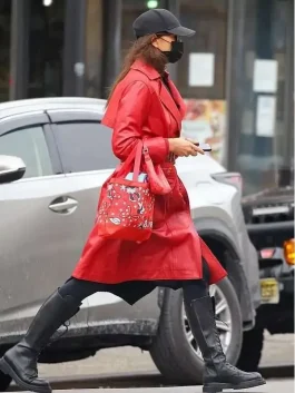 Irina Shayk Red Leather Trench Coat