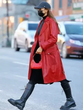 Irina Shayk Red Leather Trench Coat side pose