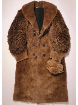 A Kurt Russell The Hateful Eight brown trench coat with shaggy fur texture on the sleeves and a matching fur hat accessory.